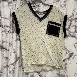 POL Cream and Black V-Neck Top